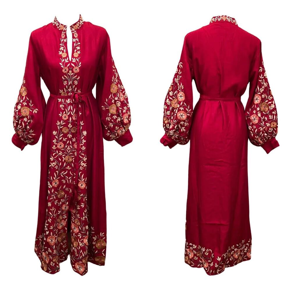 Sue Sartor Silk Moroccan Band Collar Kaftan / Maxi Dress in Cinnabar Red,  Sz L - Picture 13 of 16